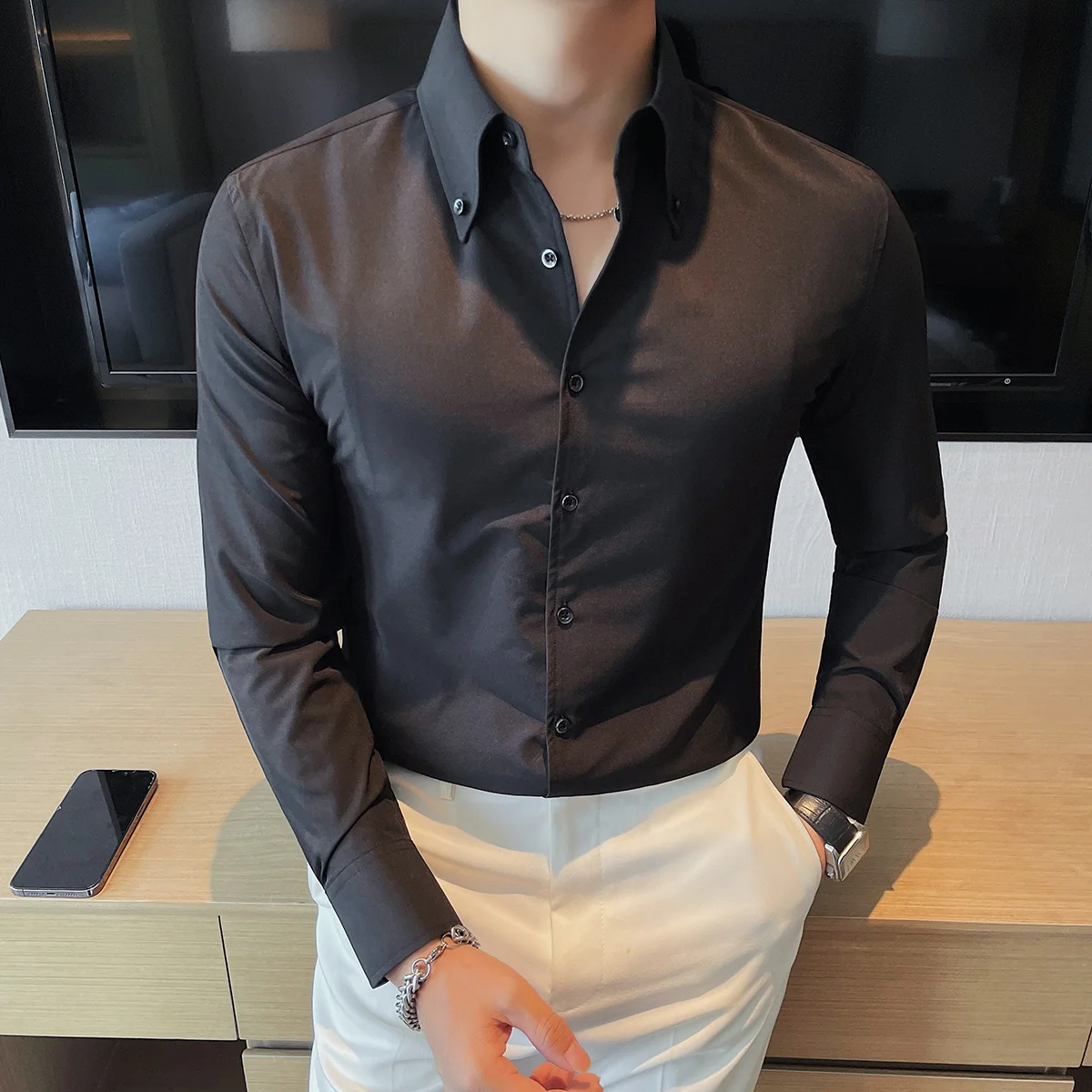 قمصان متينة ذات ياقة مدببة على الطراز الفرنسي الجديد للرجال جودة عالية فاخرة بأكمام طويلة قميص مناسب للحفلات الاجتماعية الرسمية #4