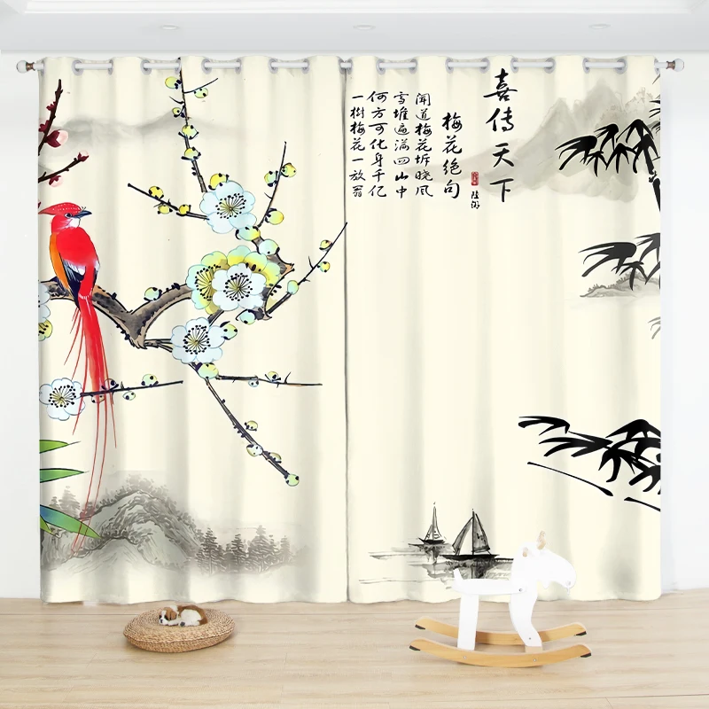 

Chinese Ink Bamboo Bird Semi-blackout Printed Curtain Grommet Top Bedroom Living Room Floor-to-ceiling Window Curtain 2 panels