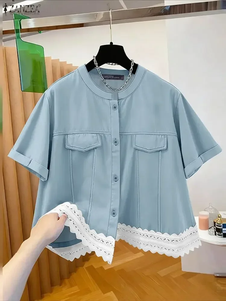 ZANZEA قمصان صيفية للسيدات بلوزة عصرية بأكمام قصيرة مُزينة بالدانتيل 2025 أزرار أنيقة ملابس علوية فضفاضة غير رسمية بلوزة كلاسيكية #1