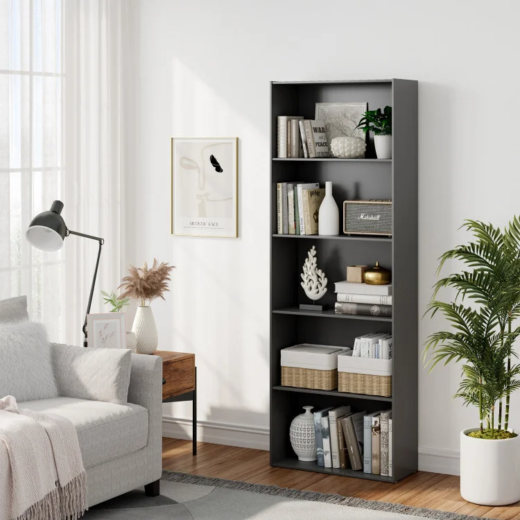23.5 X 9.5 X 67 Inch 5-Shelf Multi-Functional Wood Bookcase for Home Office