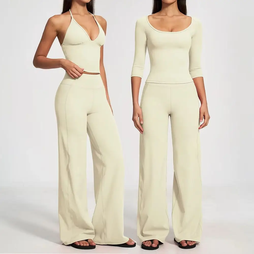 Women's 2PCS Yoga Set 3/4 Sleeve Halter Crop Tops High Waist Flare Pants Push Up Gym Clothing Workout Running Fitness Activewear