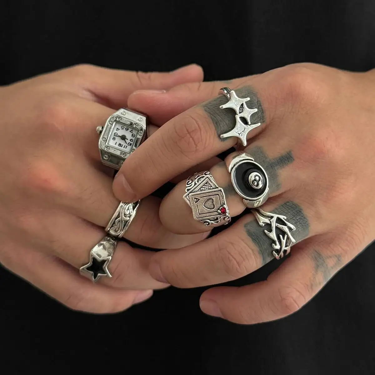 SHIXIN 7Pcs/Set Punk Style Poker Watch Rings for Men Hip Hop Irregular Geometric Stars Knuckle Ring Street Jewelry Accessories