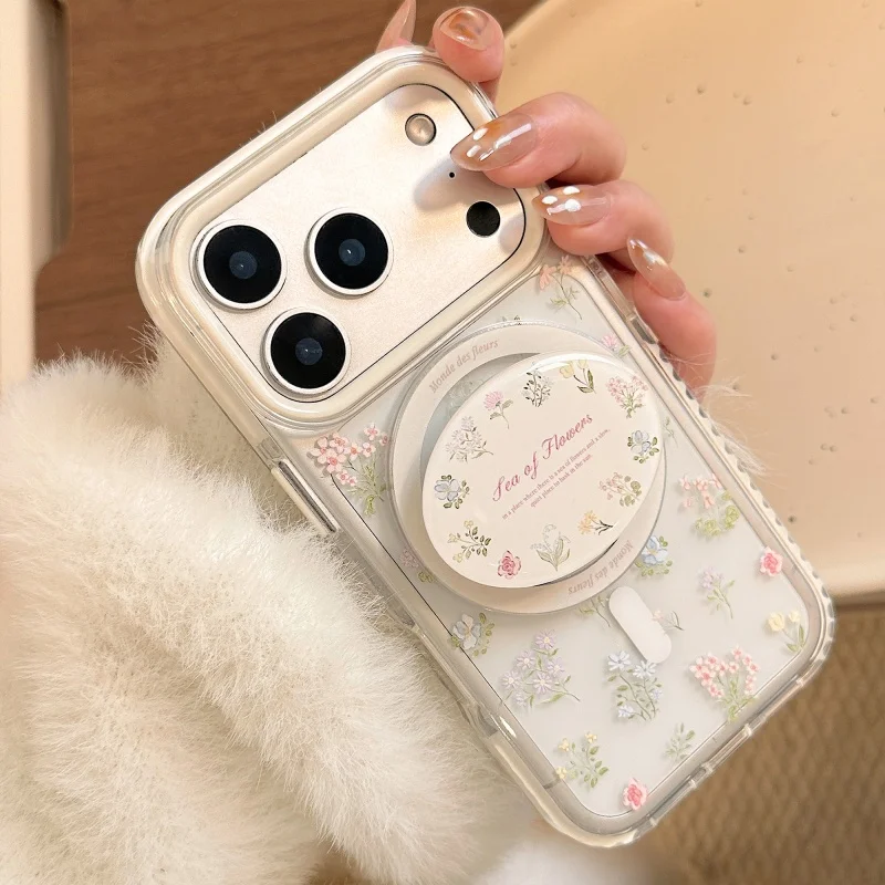 

Korean Ins Floral print For Griptok Holder Phone Finger Ring Stand Support For Magsafe iPhone 17 16 Samsung Girl Bracket