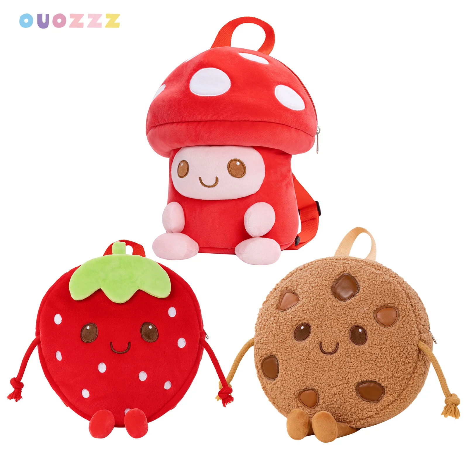 OUOZZZ Toddler Backpacks with Adjustable Strap Kawaii Plush Backpack Kids Cookie Strawberry Mushroom Bag Mini Travel Backpack