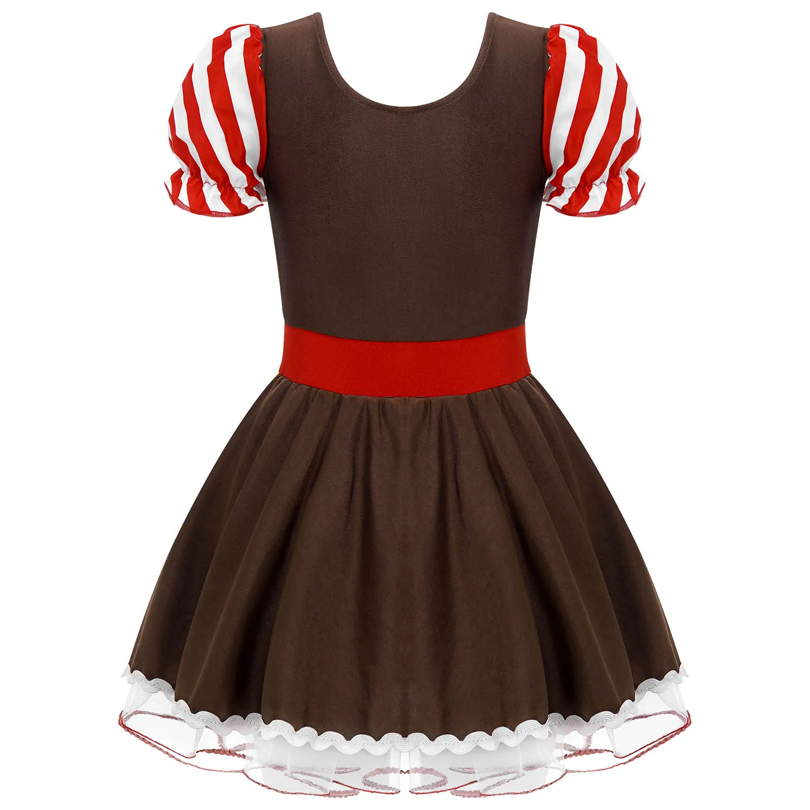 Girls Gingerbread Costume Striped Bowknot Lace Trim Halloween Christmas Cosplay Dress Up Ballet Leotard Tutu Dress Dancewear