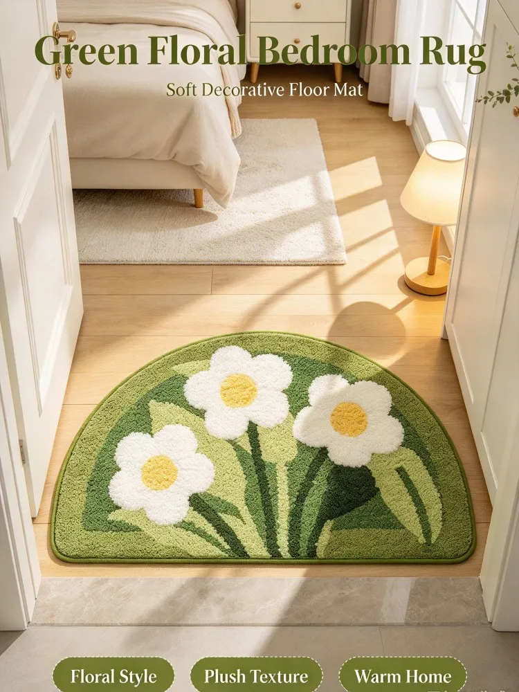 **Green Semi-circle Floral Bath Rug, White Flower Non-slip Bathroom Mat, Soft Plush Decorative Floor Rug for Sink Area Bedroom D
