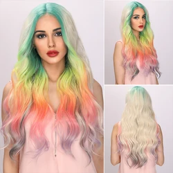 Smilco Omber Rainbow Colorful Middle Part Wavy Bob Wigs For Women Synthetic Curly Wig Cosplay Daily Party Heat Reisitant Hair