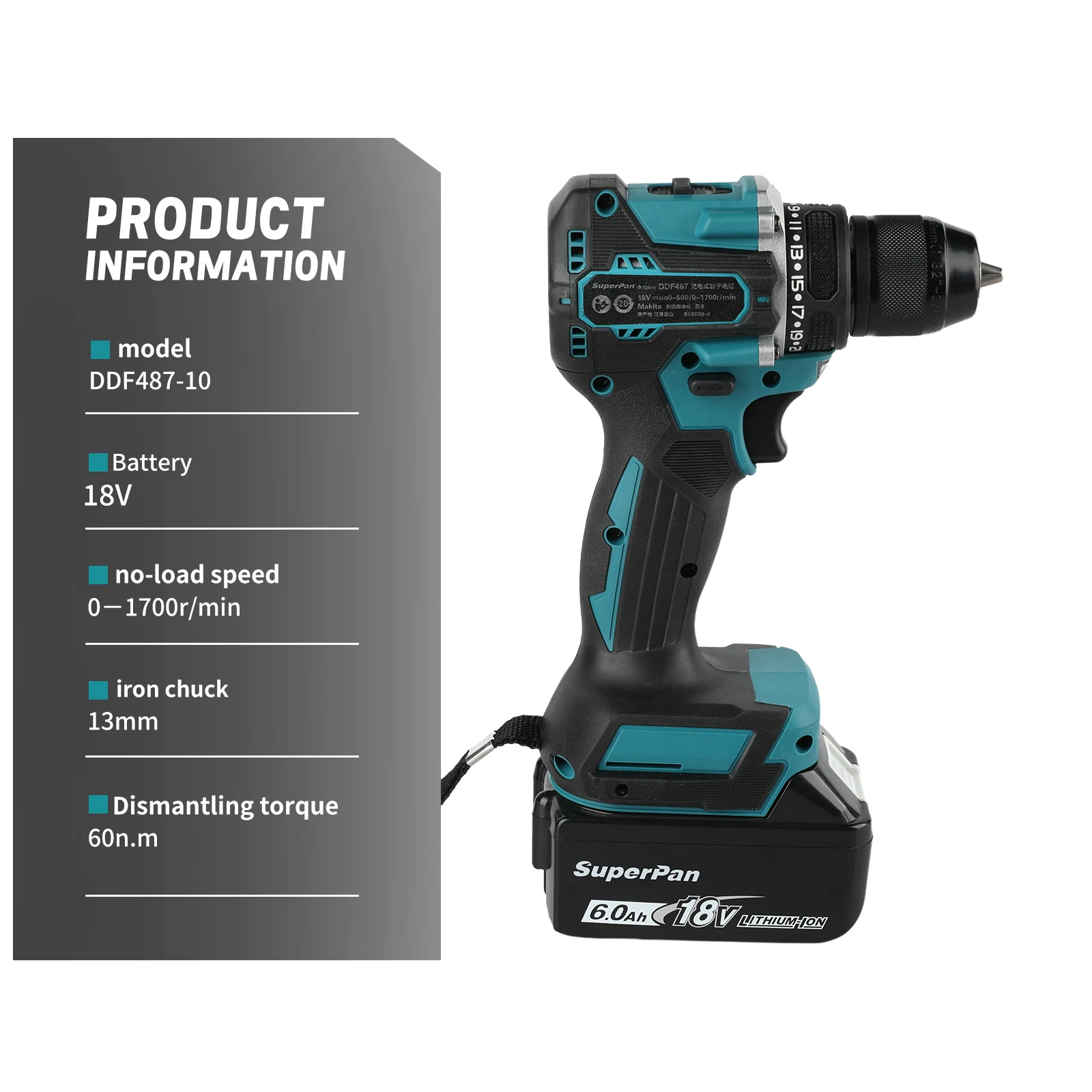 

SuperPan SP487 18V Impact Drill drill motor 13MM Iron Chuck & 3 Modes, for Wood Drilling & Repair for makita 18V battery pin