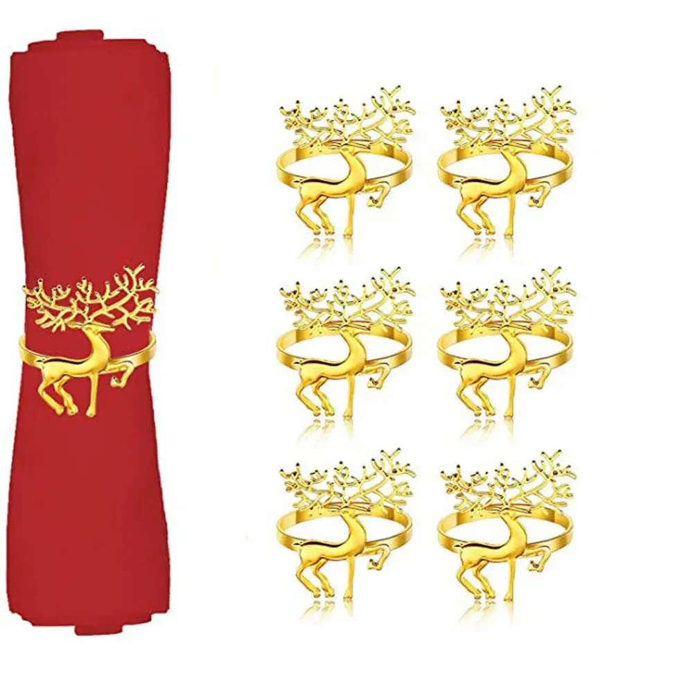 6Pcs Christmas Napkin Rings Deer Design Napkin Holder Home Table Decor Christmas Party Gold Alloy Napkin Buckle Xmas Ornament