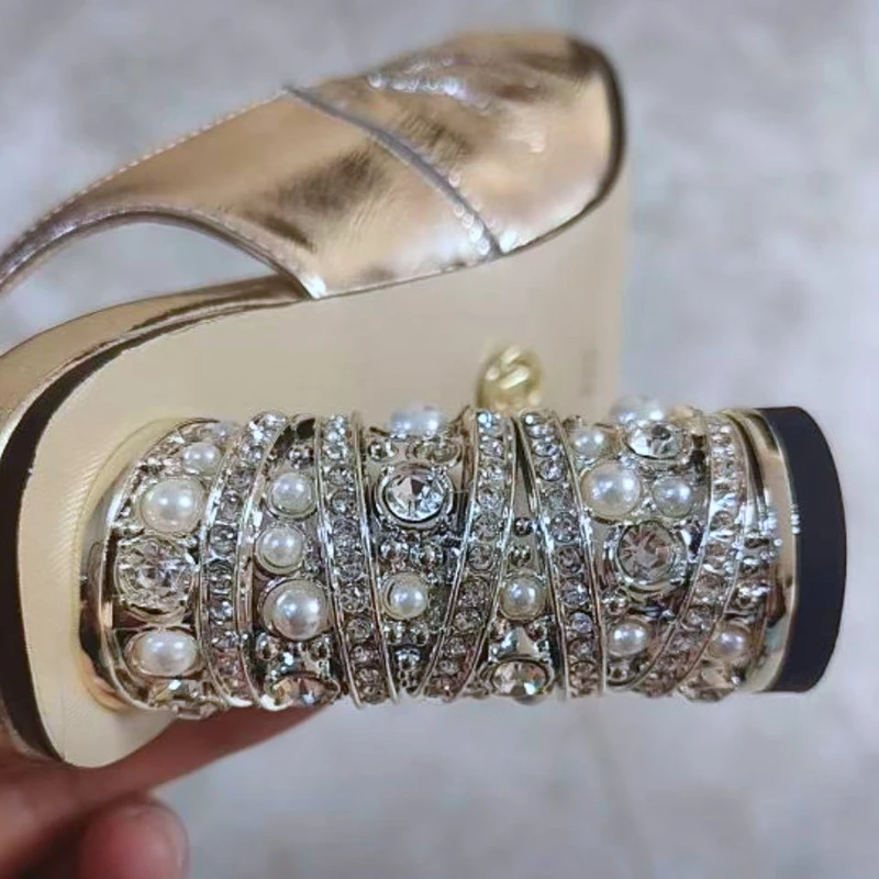 Women's New Summer Genuine Leather Cowhide Pearl Gold-Plated High Heels with Toe Caps, M ü Ller Shoes, Star Style Sandals image 6