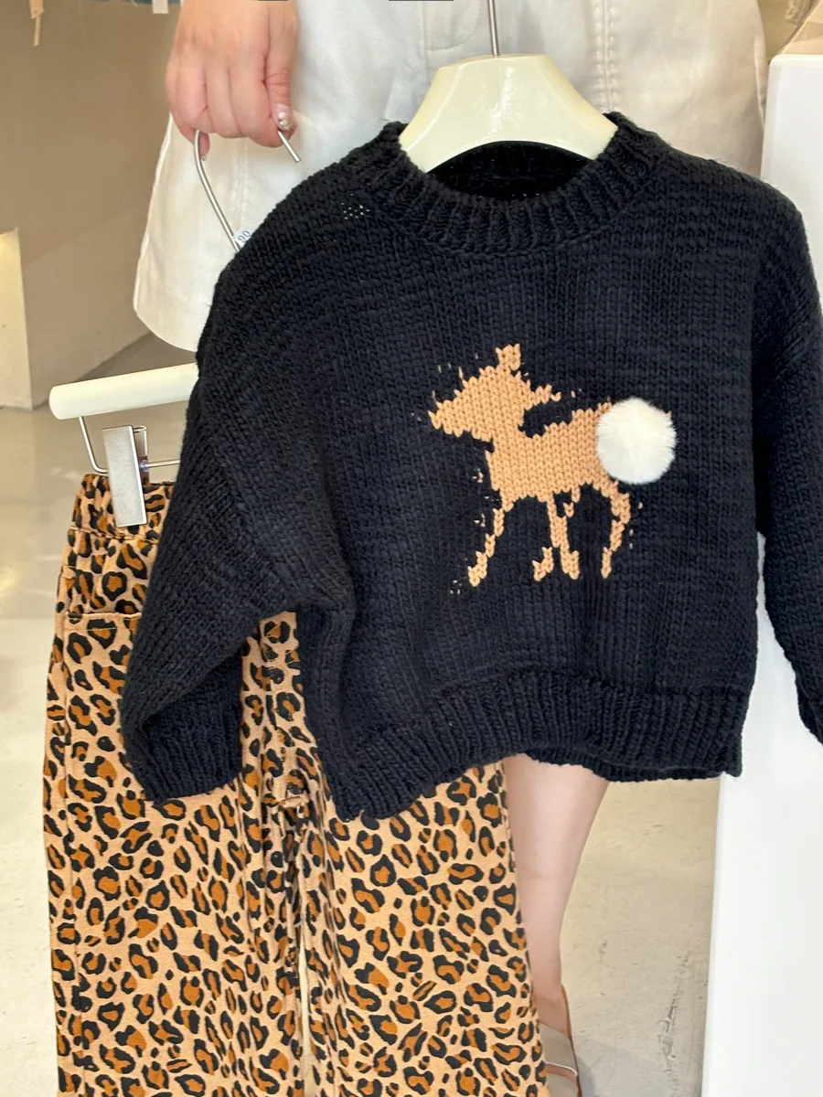 Girls Crewneck Sweater New Deer Pullover Sweater Fall 2024 Soft Waxy Loose Pullover Top Korean Simple Style Fashion Sweater