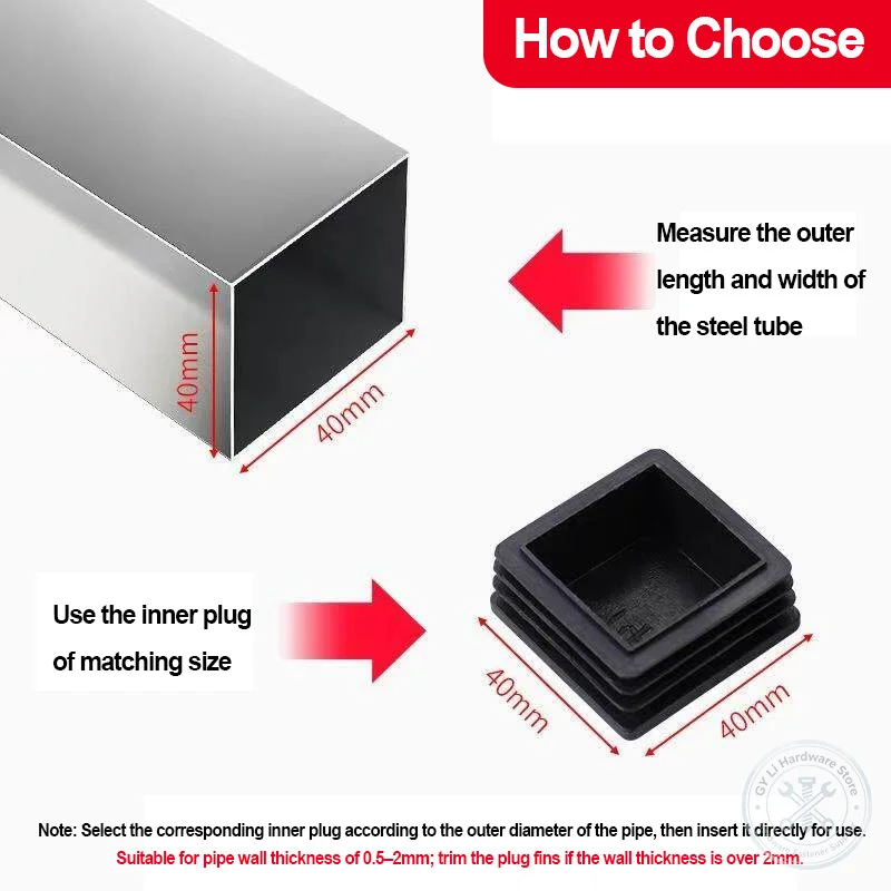 PE Square Tube Plug Plastic End Cap Anti‑Slip Wear‑Resistant Furniture Chair Leg Foot Protector For Stainless Steel Square Tube