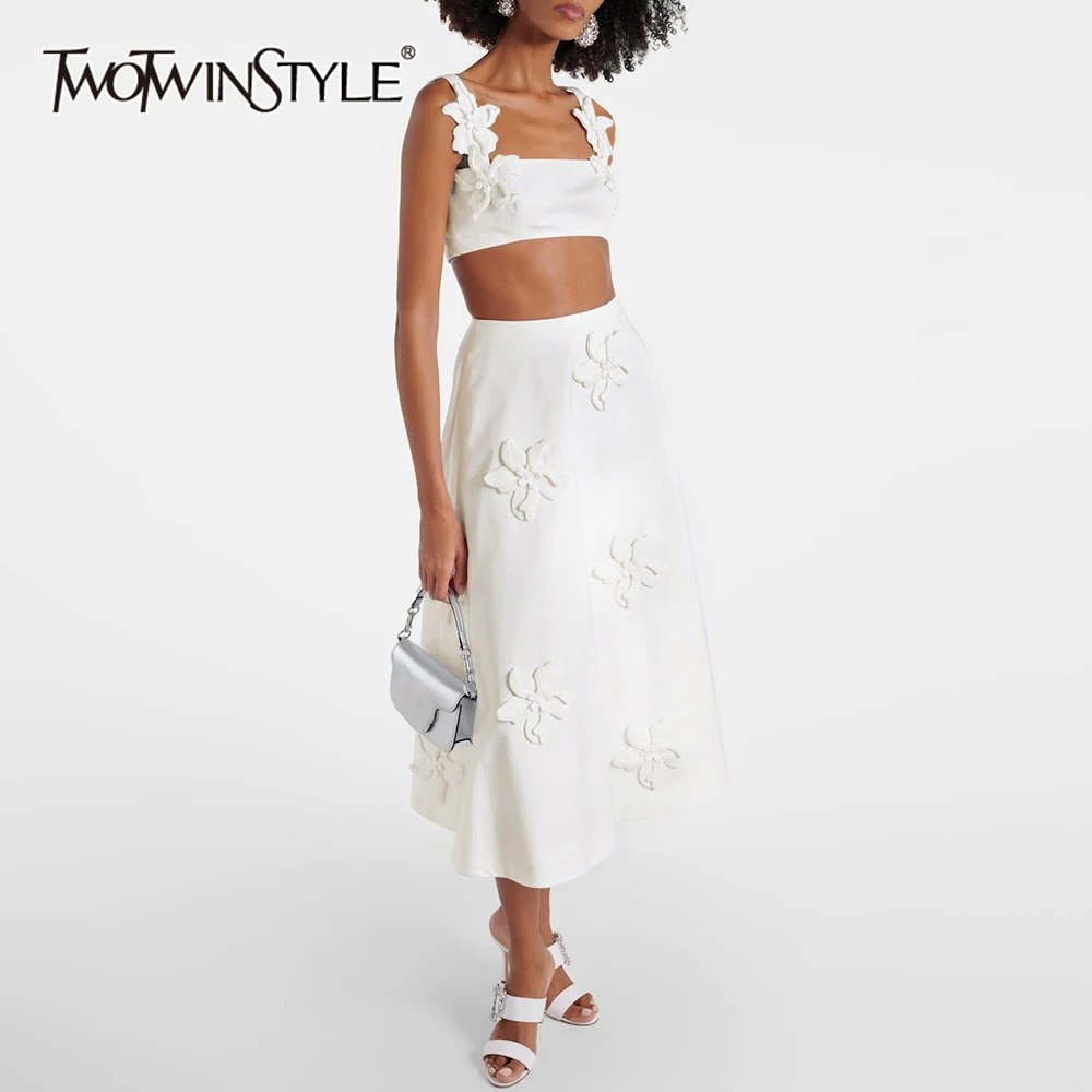 

TWOTWINSTYLE Solid Two Piece Set For Women Square Collar Sleeveless Top High Waist Skirt Spliced Appliques Slim Sets Female New