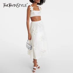 TWOTWINSTYLE Solid Two Piece Set For Women Square Collar Sleeveless Top High Waist Skirt Spliced Appliques Slim Sets Female New