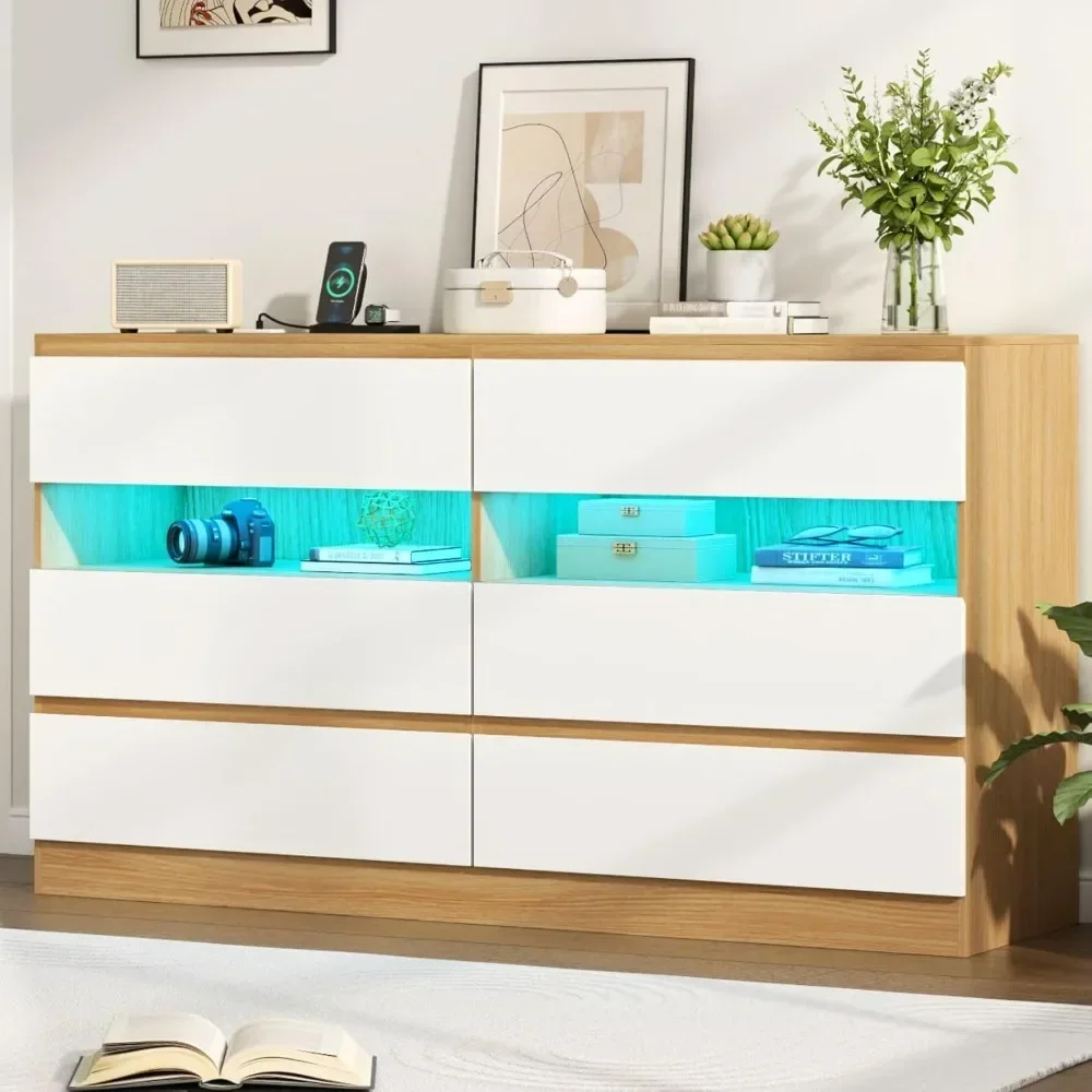 

6 Drawer Dresser with Power Outlet, Modern Chest of Drawers with LED Light, Double Wide Drawer Dresser Organizer Cabinet