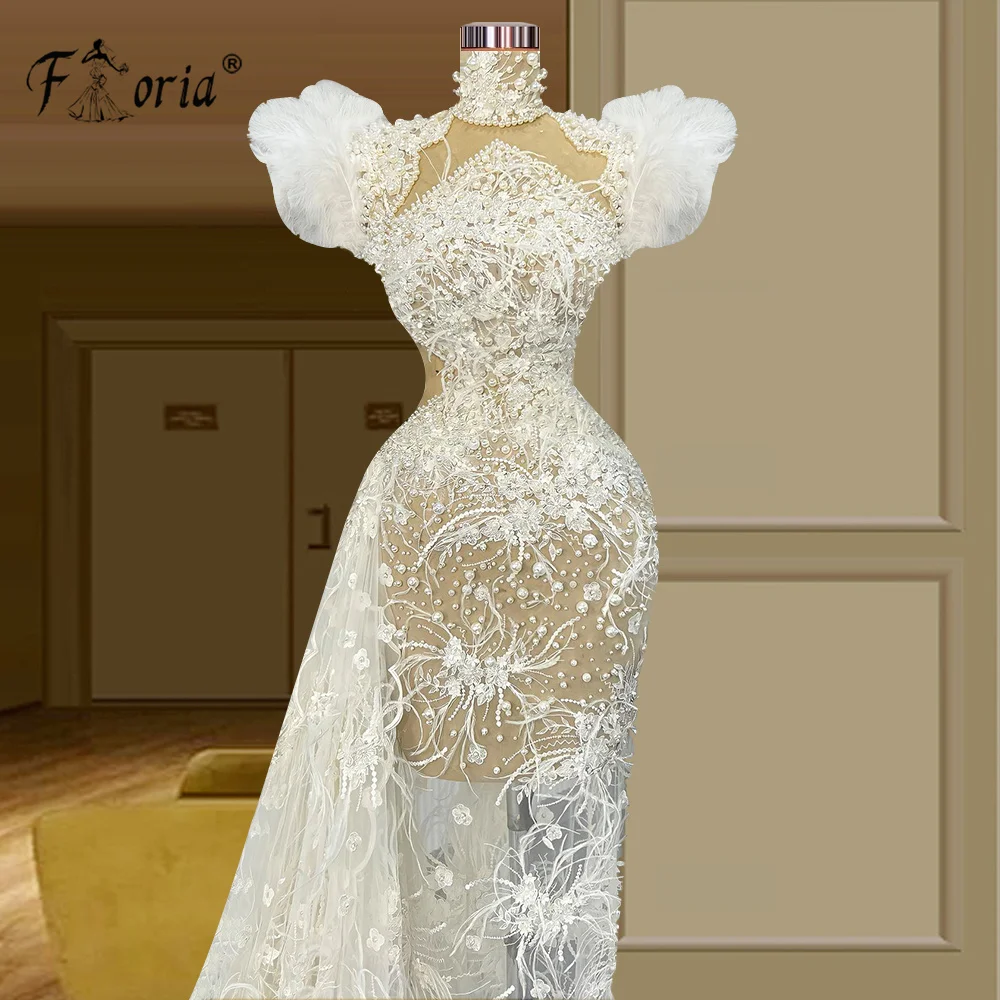 Elegant Dubai Mermaid Formal Evening Dresses Beads Lace Appliques Wedding Party Gowns Pearl Feathers Prom Dress Robe De Soiree