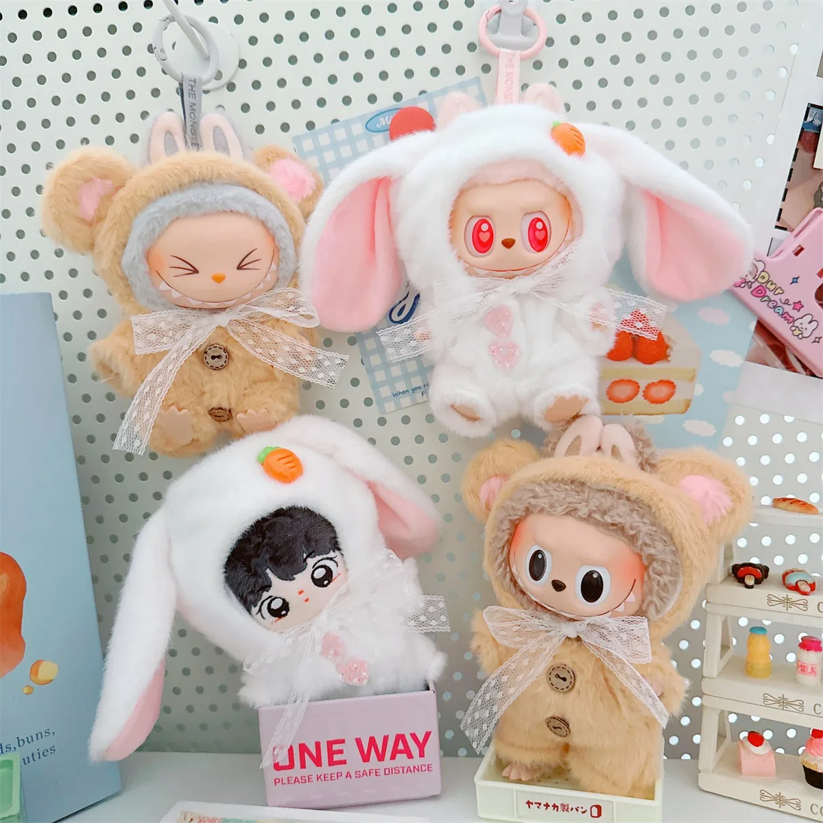 ชุดตุ๊กตาสำหรับตุ๊กตา Labubu ขนาด 17 ซม. ชุดกระต่ายขาว หมี ชุดจั๊มสูท โบว์ สำหรับตุ๊กตา Labubu V1 V1 V3 ชุดแต่งตัว ของขวัญสำหรับเด็ก
