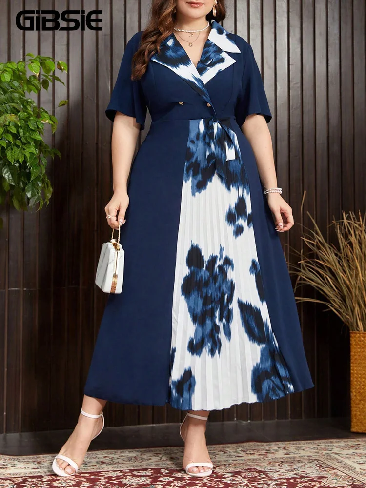 

GIBSIE Plus Size Notched Neck Double-breasted Colorblock Dress Women Summer High Waist Elegant Office Ladies Maxi Long Dresses