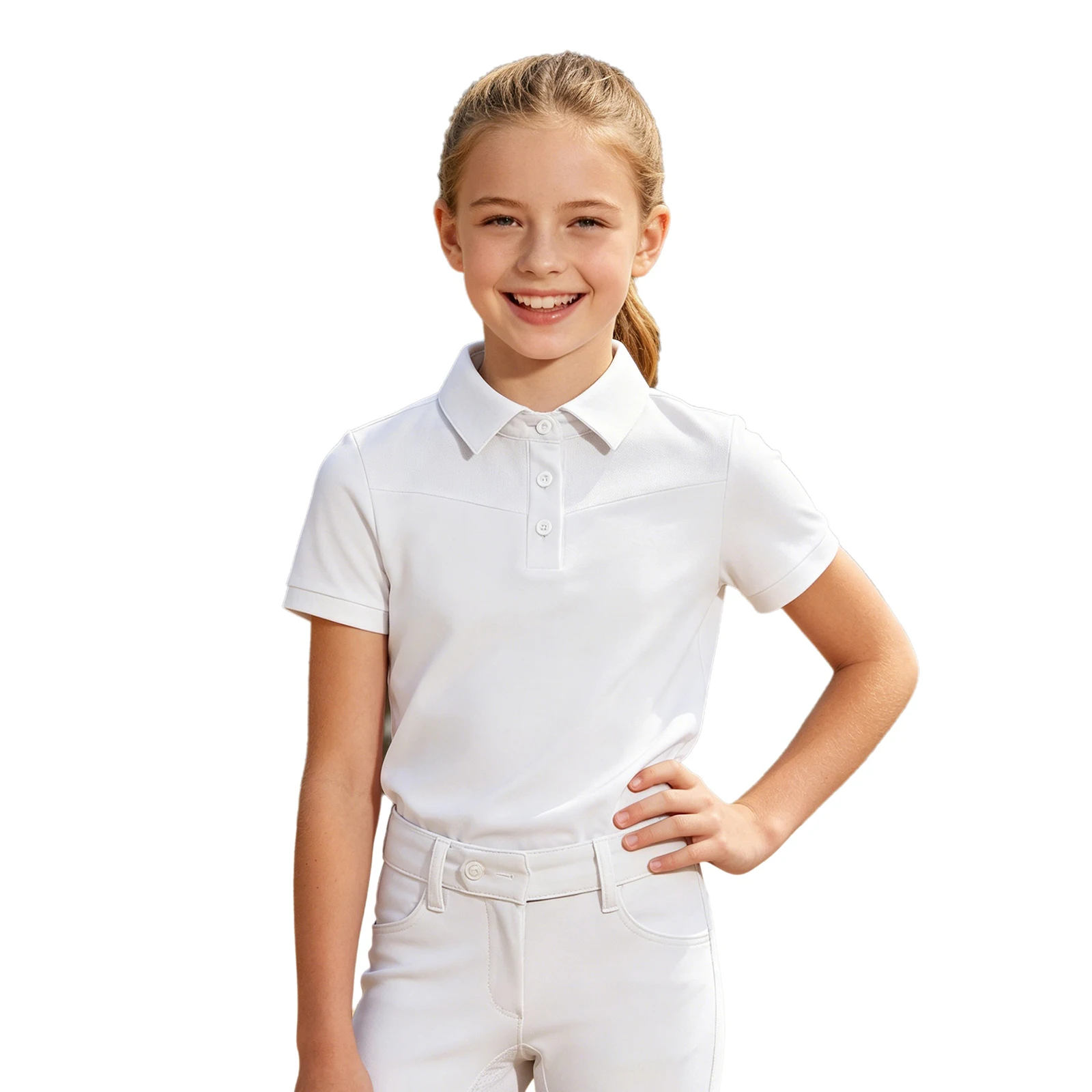 Kids Girls Short Sleeve Horse Riding T-shirt Turn Down Collar Buttons Tees Closure Equestrian Costumes Sports Pullover Tops