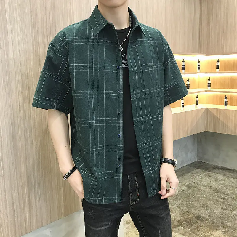 

Fashion Lapel Button Short Sleeve Casual Plaid Shirts Men's Clothing 2024 Summer New Loose Korean Tops All-match Shirts