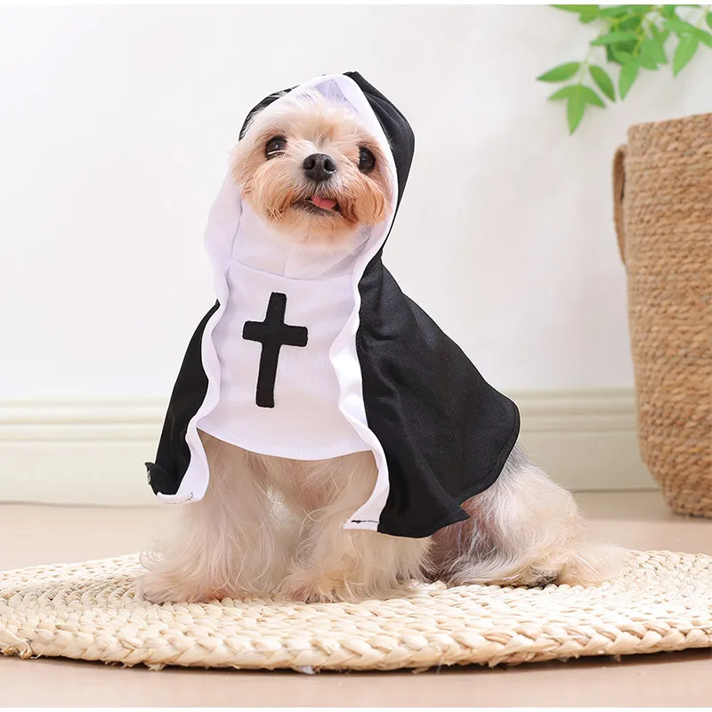 Pet Halloween Nun Priest Costume Funny Hooded Cosplay Outfit for Small Pets Jesus Cross Print Party Dress Up Photo Prop Apparel