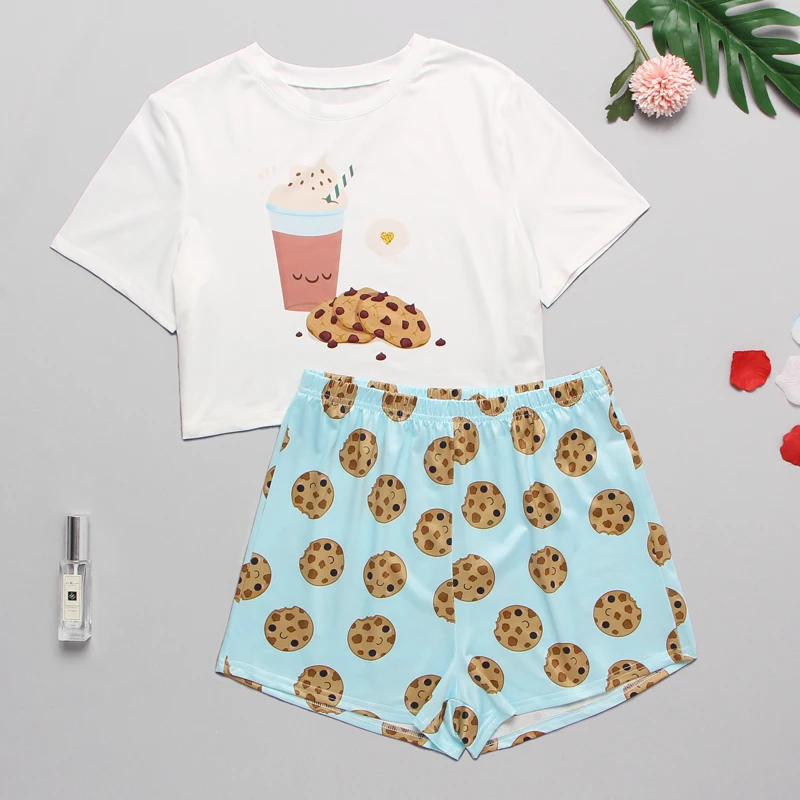 

Cookies Print Pajama Set Women's Cute Pjs Short-Sleeve Tee And Shorts Soft Satin Fabric Comfortable Sleepwear Casual Loungewear
