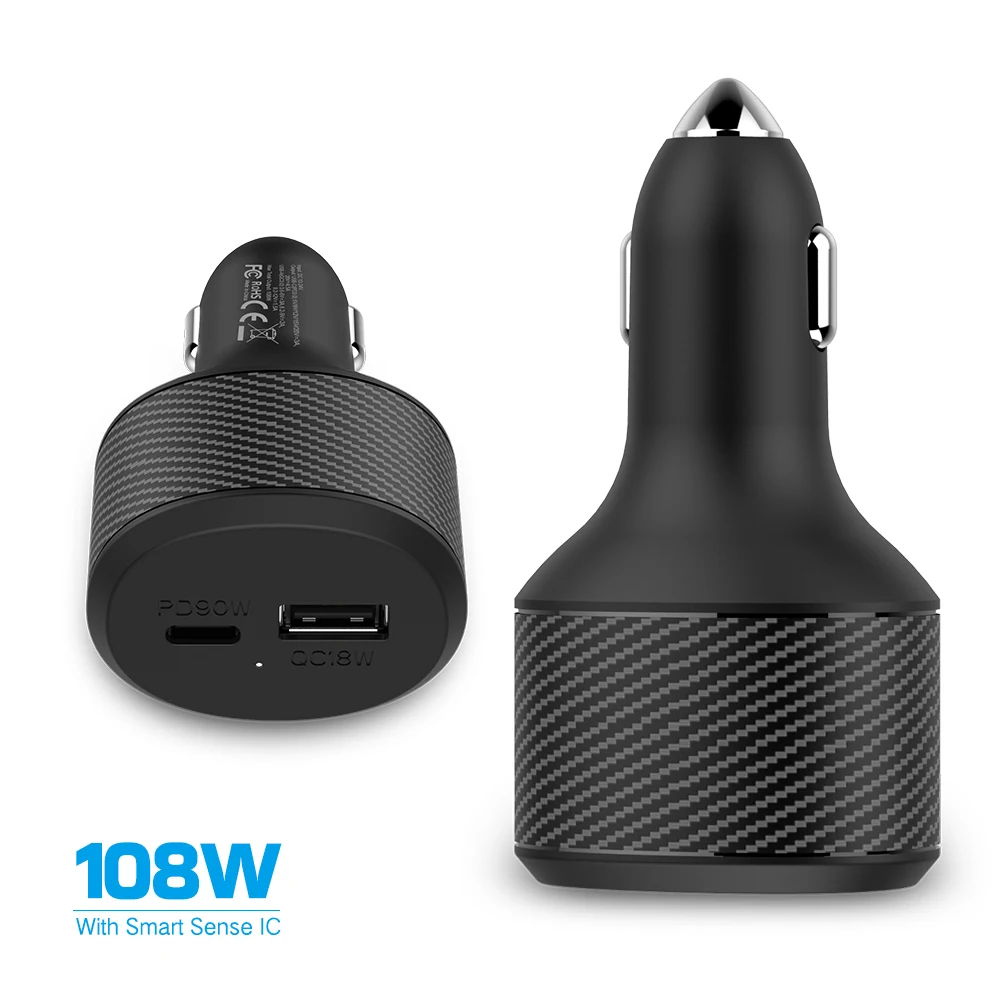 Cargador de Coche de Doble Puerto 108W, PD 90W Tipo C + QC3.0 18W USB, Cargador Rápido para Teléfono, Compatible con iPhone 17 16 15, Samsung S25, MacBook Pro/Air