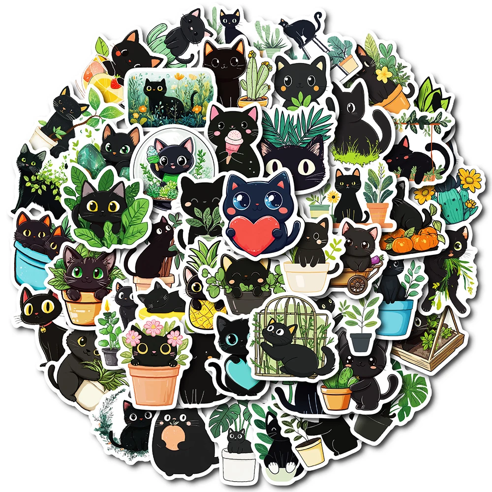 10/30/50pcs Cartoon Green Plant Potted Black Cat Stickers Fun Decal for Kids Toy DIY Laptop Phone Water Bottle Cute Sticker Pack