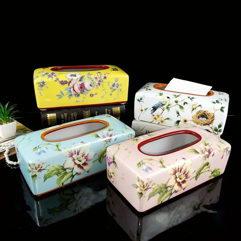 Ceramic Tissue Boxes Bathroom Toilet Paper Holder Kitchen Table Napkin Rack Flower Finished Blue/Yellow/Pink New Gifts Presents