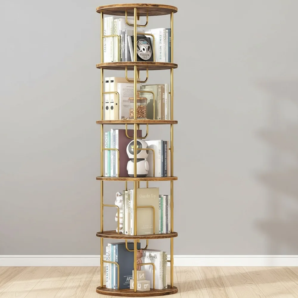 رف كتب دوار 5 طبقات، 360 درجة °   برج تخزين دوار، خزانة كتب موفرة للمساحة لغرفة المعيشة في المكتب المنزلي