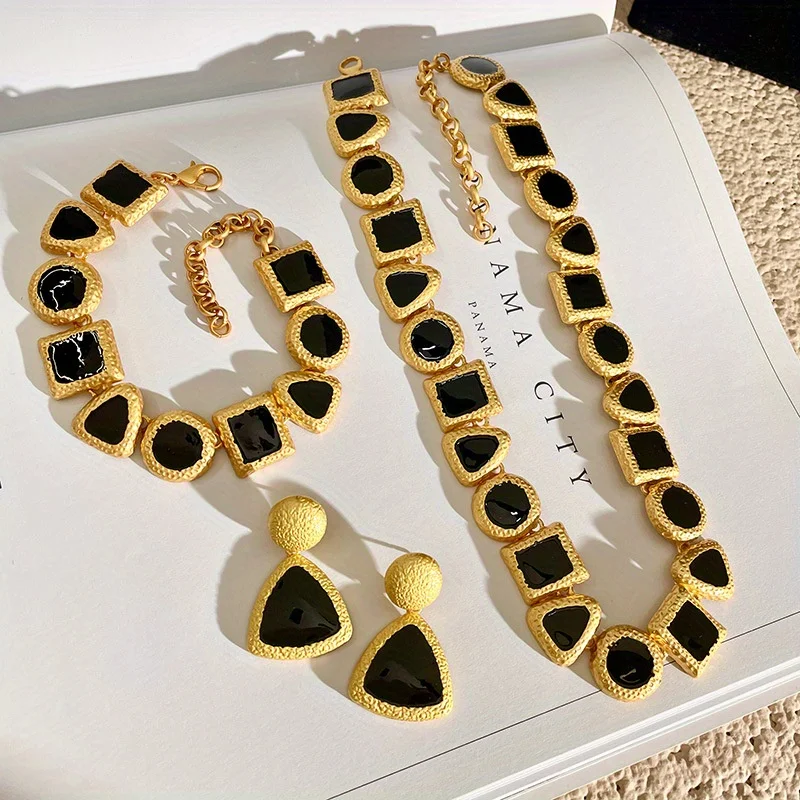 

Geometric Element Color Collision Black Goldon Simple Fashion Retro Necklace Earrings Bracelet Set