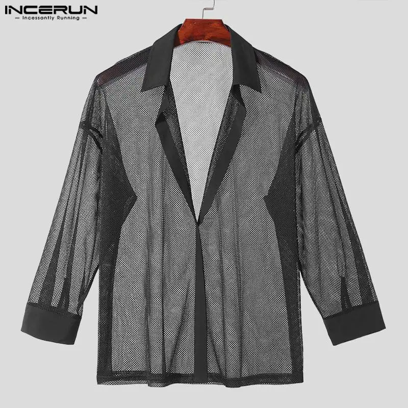 2024 Men Shirt Mesh Transparent Solid Color V Neck Long Sleeve Sexy Men Clothing Streetwear Loose Fashion Shirts S-5XL INCERUN