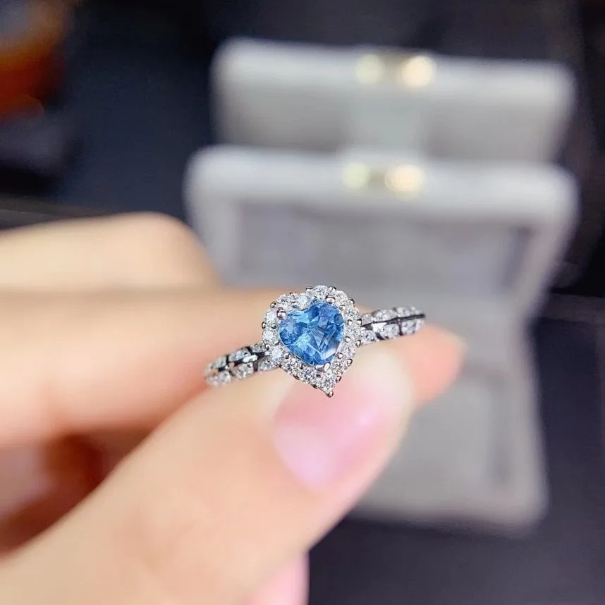 Heart-shaped simulated sea blue Topa stone diamond ring feminine ring ring