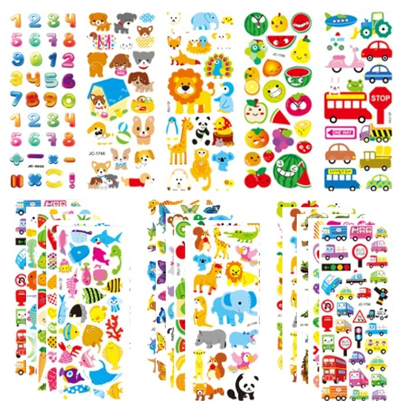 Cartoon 3D Sticker 20Sheets Eco-Friendly Education Reusable Sticker Self-Adhesive Kids Room Stationery Decoration DXAF