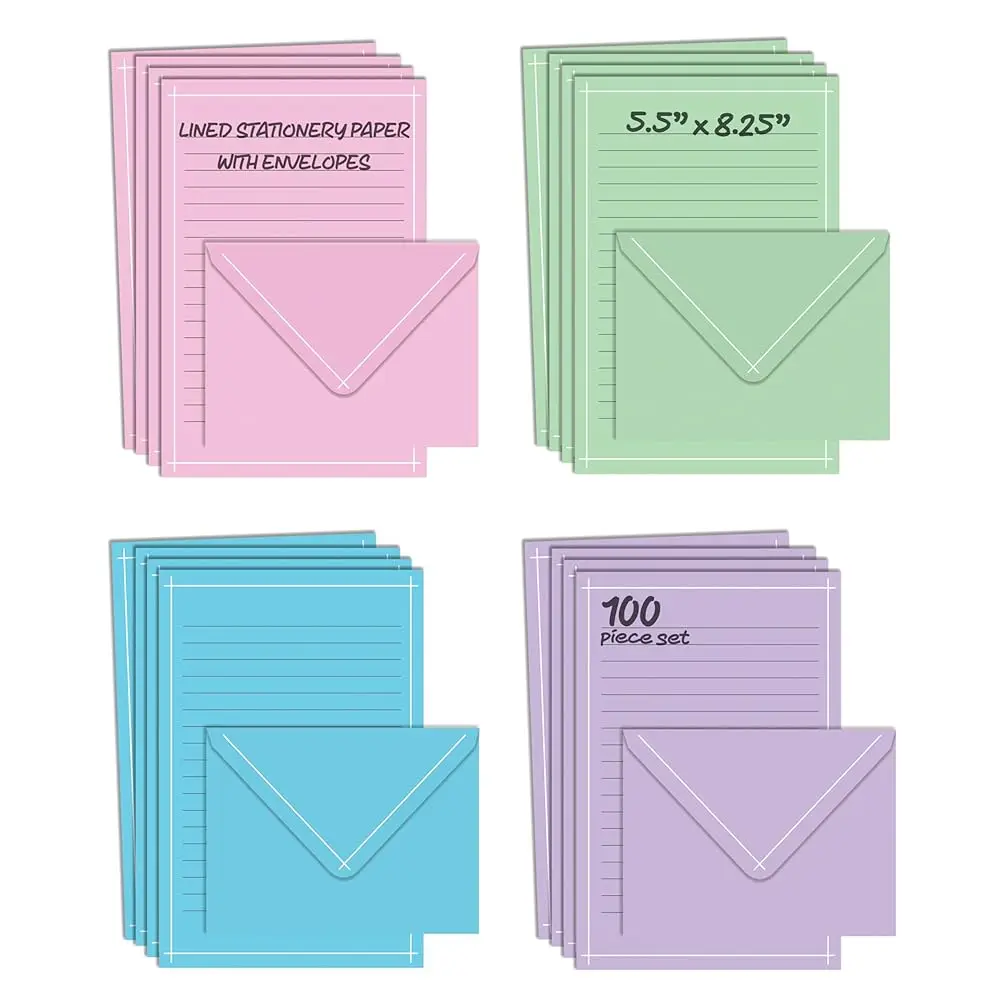 

Мини-набор канцелярских принадлежностей, 100 предметов (50 листов в линейку + 50 соответствующих конвертов), 4 однотонных цвета, тонкая белая рамка, 5,5 x 8,25 дюймов.