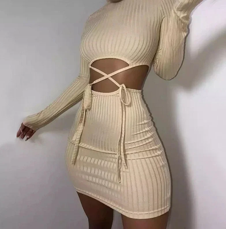 

Elegant Two Piece Set for Woman ONeck Knitted Crop Top Long Sleeves and Lace Up Cutouts Tight Fitting Sexy Hip Hugging Skirt Set