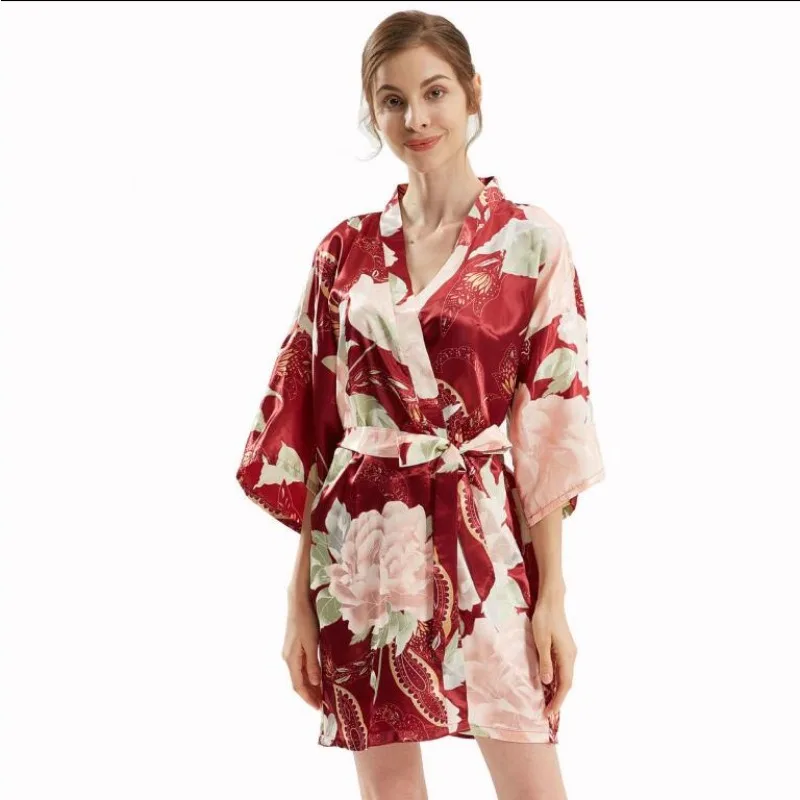 2024 Spring New Ladies Silk Satin Thin Robe Comfort Fresh Style Floral Printed Sleepwear Sexy Nightgown Femme Cozy Homewear