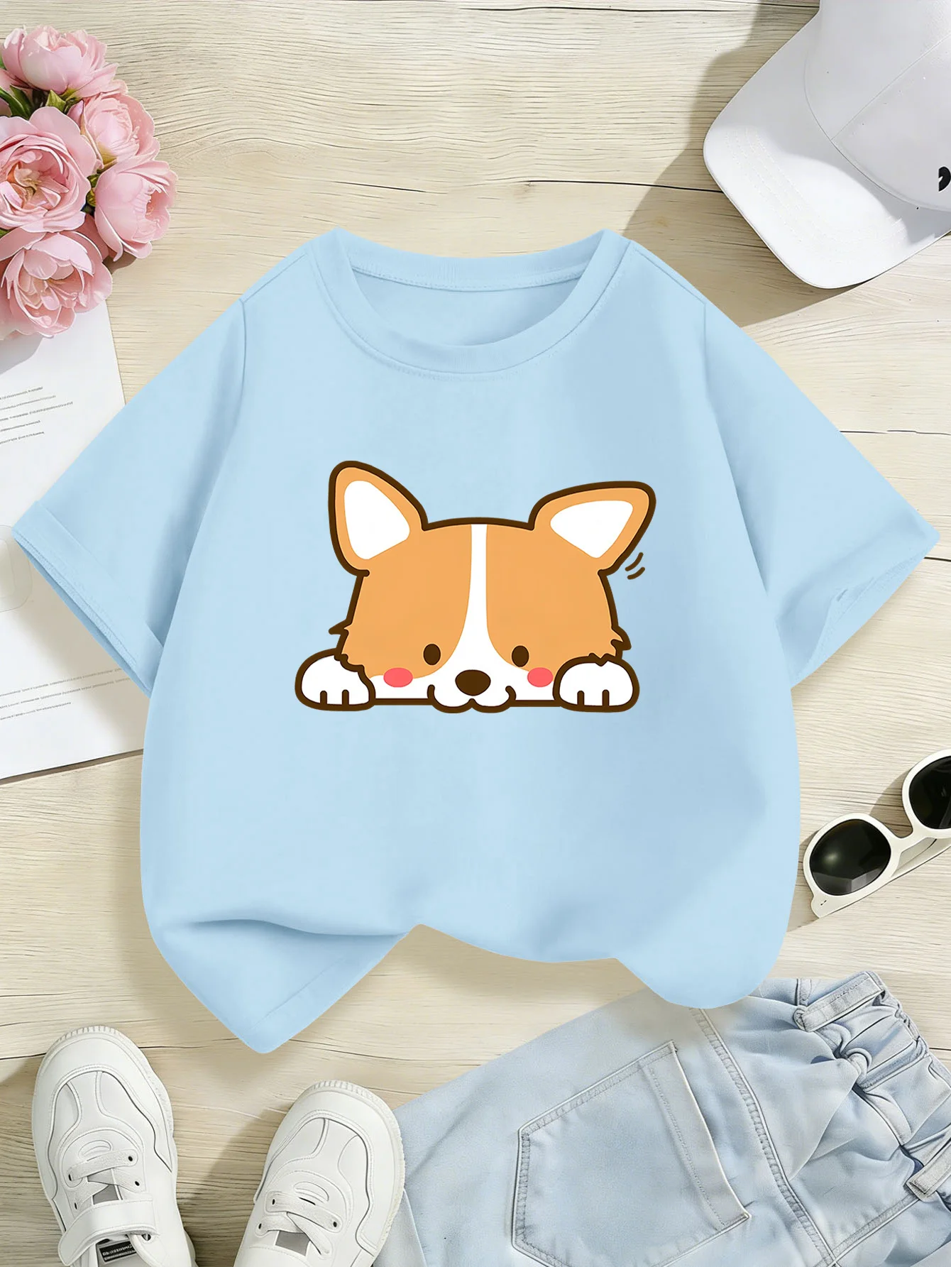 Parent Child T Shirt Blush Face Corgi Head Graphic Boys Girls Breathable Short Sleeve Cartoon Puppy Simple Daily Casual Tee