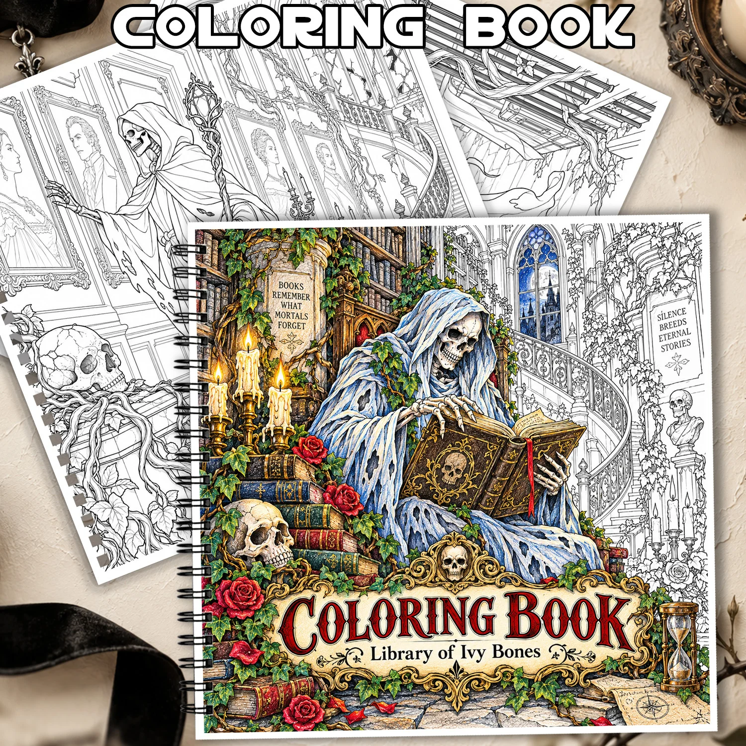 24 Pgs Spiral Binding Coloring Book Library of Ivy Bones Gothic Skeleton Showcasing Creativity Relieving Stress For Adults Teens