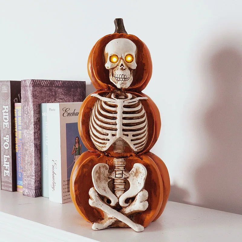 Halloween New Resin Pumpkin Figurine Luminous Skeleton Haunted House Glowing Creative Retro Atmosphere Prop Decoration