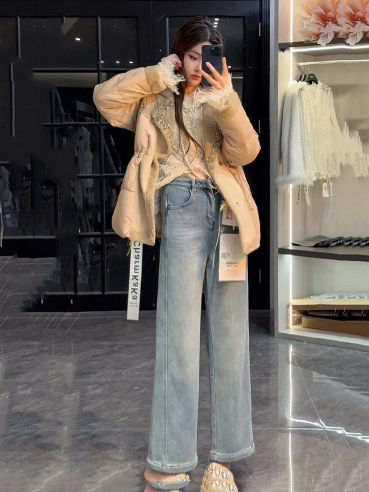 Winter Diamond Lapel Fleece Cotton Padded Jacket Female Waist Drawstring Down Jacket Women Solid Loose Button Casual Outwears