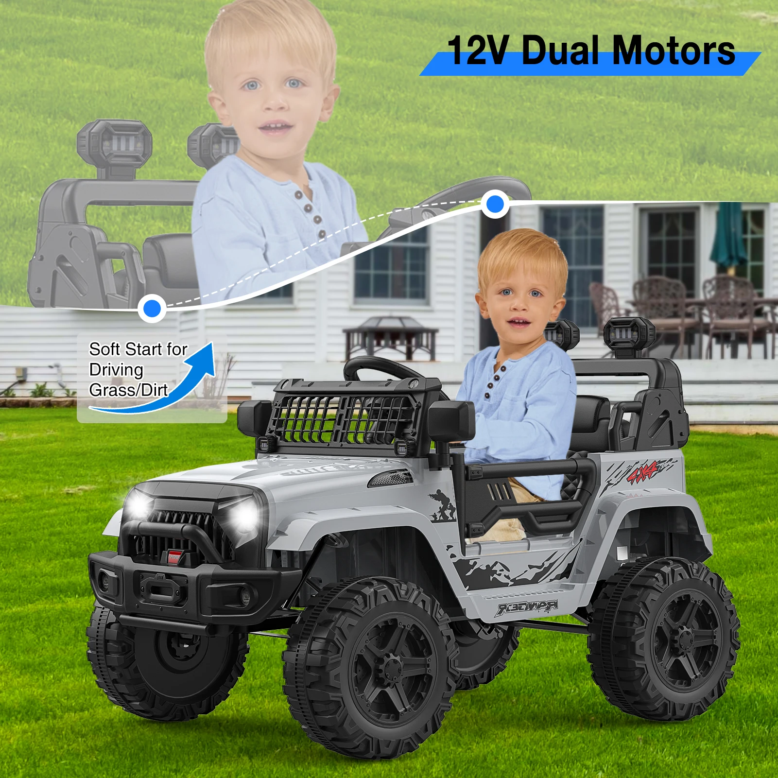 Ride on Truck Car 12V elektrische kindervoertuigen met veerophanging met afstandsbediening, LED-verlichting, Bluetooth, 2 snelheden