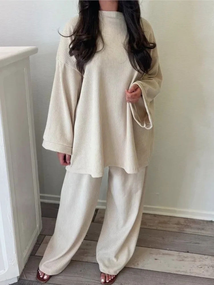 Autumn Winter Pants Sets Women 2024 Fashion Loose Long Sleeve T-shirt Tops And Wide Leg Trousers Two Piece Set Female Suits