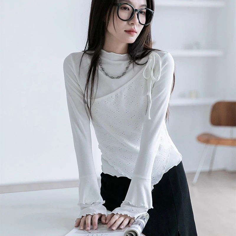

Matakawa Y2k Clothes Fake 2-х шт. футболка для женщин однотонная белая элегантная винтажная футболка Ropa De Mujer модные весенне-осенние футболки