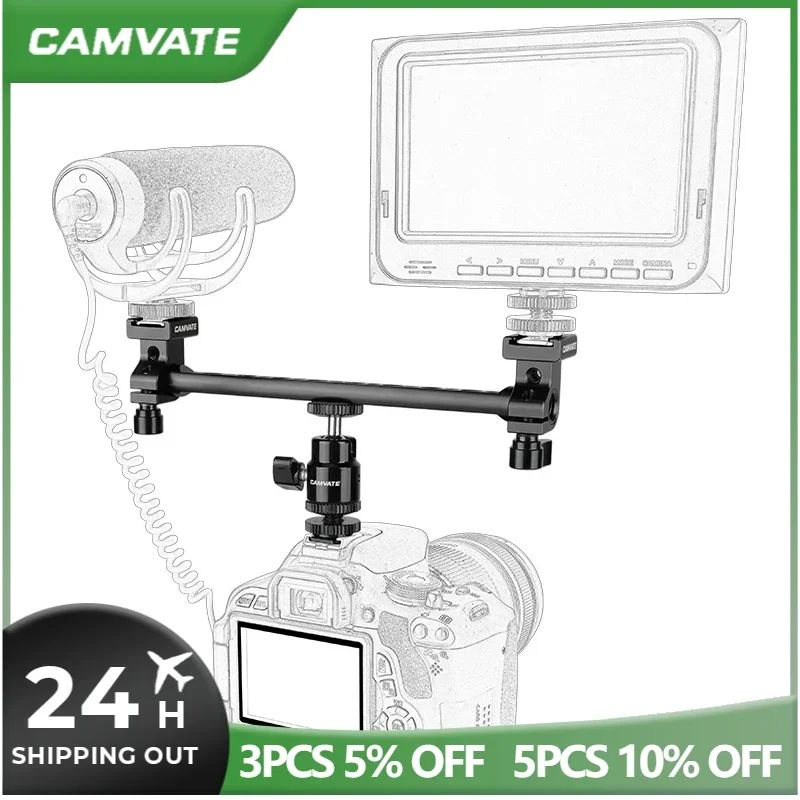 CAMVATE T-bar Bracket Arm With Double Cold Shoe Mounts Support & Adjustable 1/4