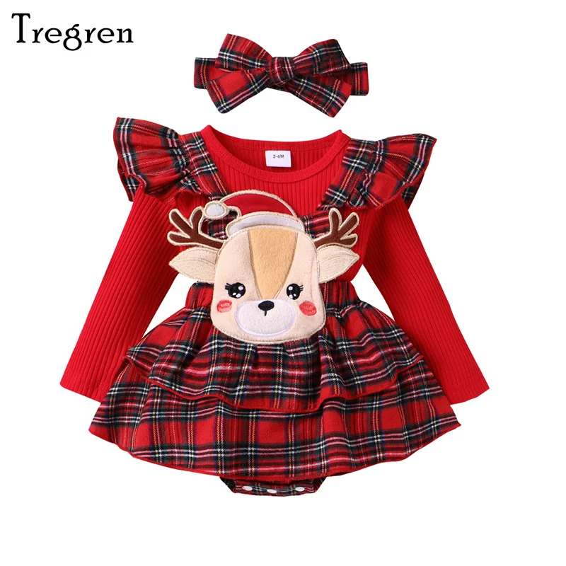 

Tregren 0-18M Cute Newborn Infant Baby Girls 3pcs Clothes Sets Long Sleeve Ribbed Tops Plaid Suspender Romper Dress Headband