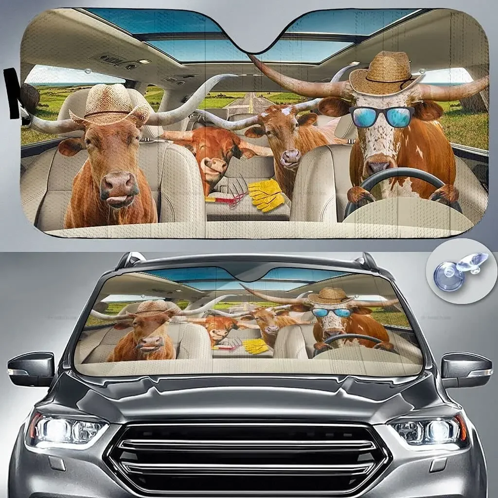 Texas Longhorn Cattle Family Driving On Summer Car Sunshade Windshield Window  Car Windshield Durable Auto Visor