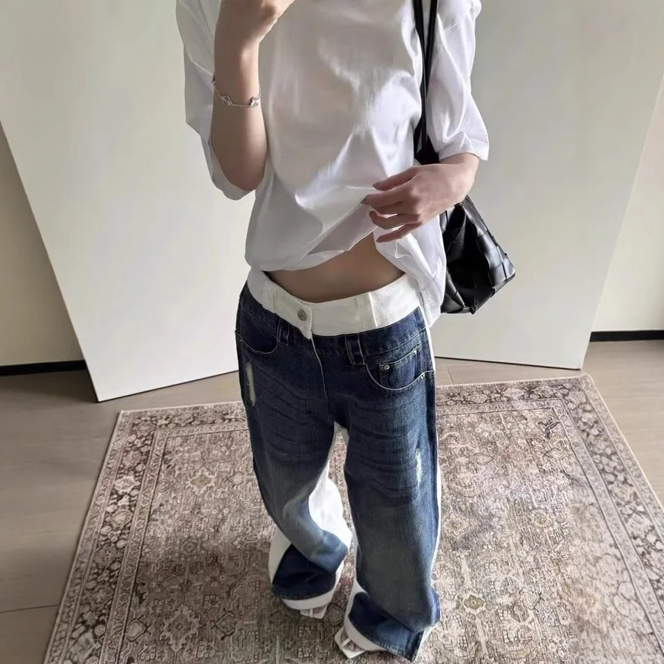 

2025 Autumn New Curved Blade Flared Ripped Jeans For Women Loose Wide Leg Draped Floor-Length Pants