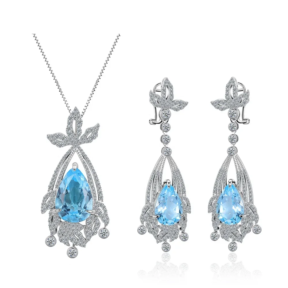 

ZL0065 Abiding Luxury Zircon Sky Blue Topaz 100% Sterling Silver Personalized Necklace Earrings Jewelry Sets For Woman