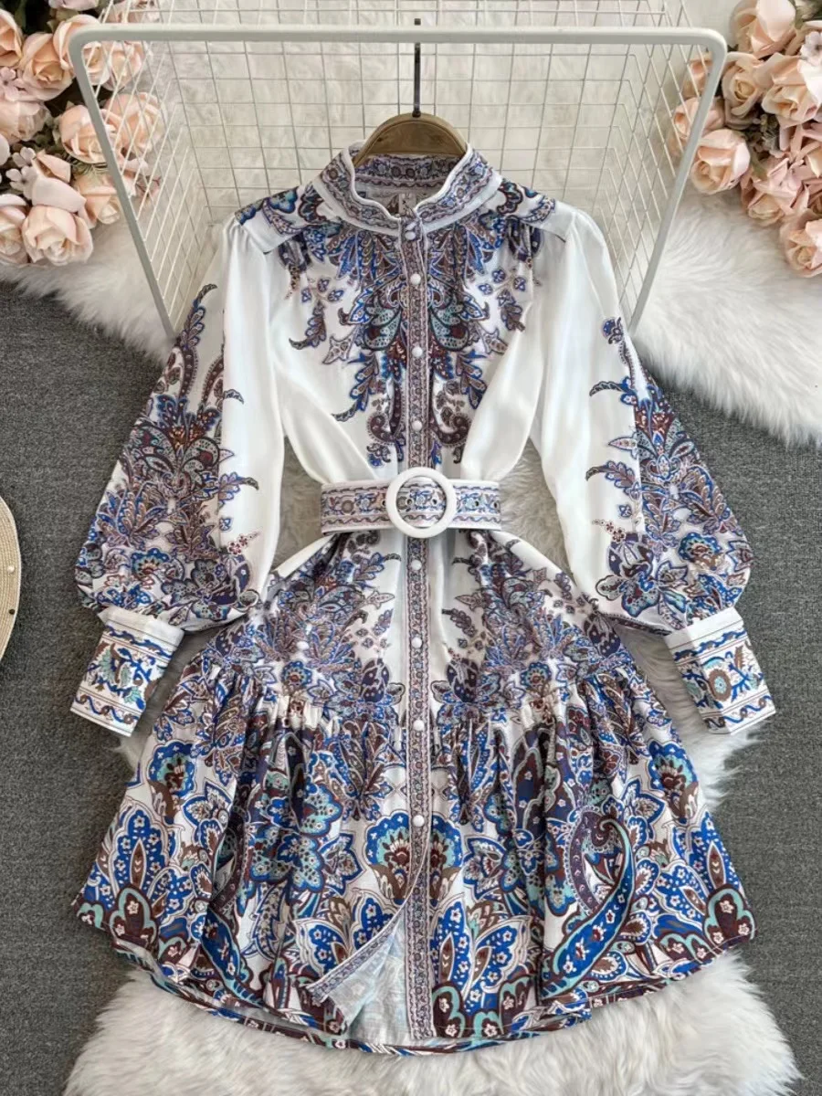 

Spring/Summer Vintage Palace Style Short Skirt Lantern Long Sleeved Stand Collar Single Breasted Print A-Line Dress For Women